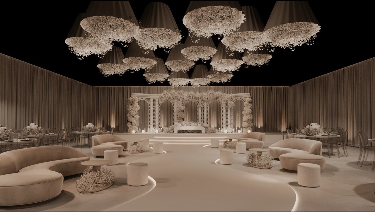 Design render of a cream banquet with cloud-form chandeliers and curved lounge seating by RAW Group